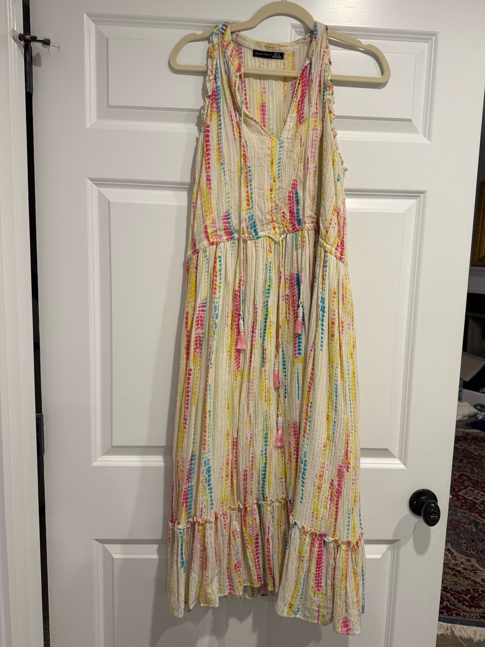 Black Tape Multicolor Metallic Striped Maxi Dress Tassel Tie Size L